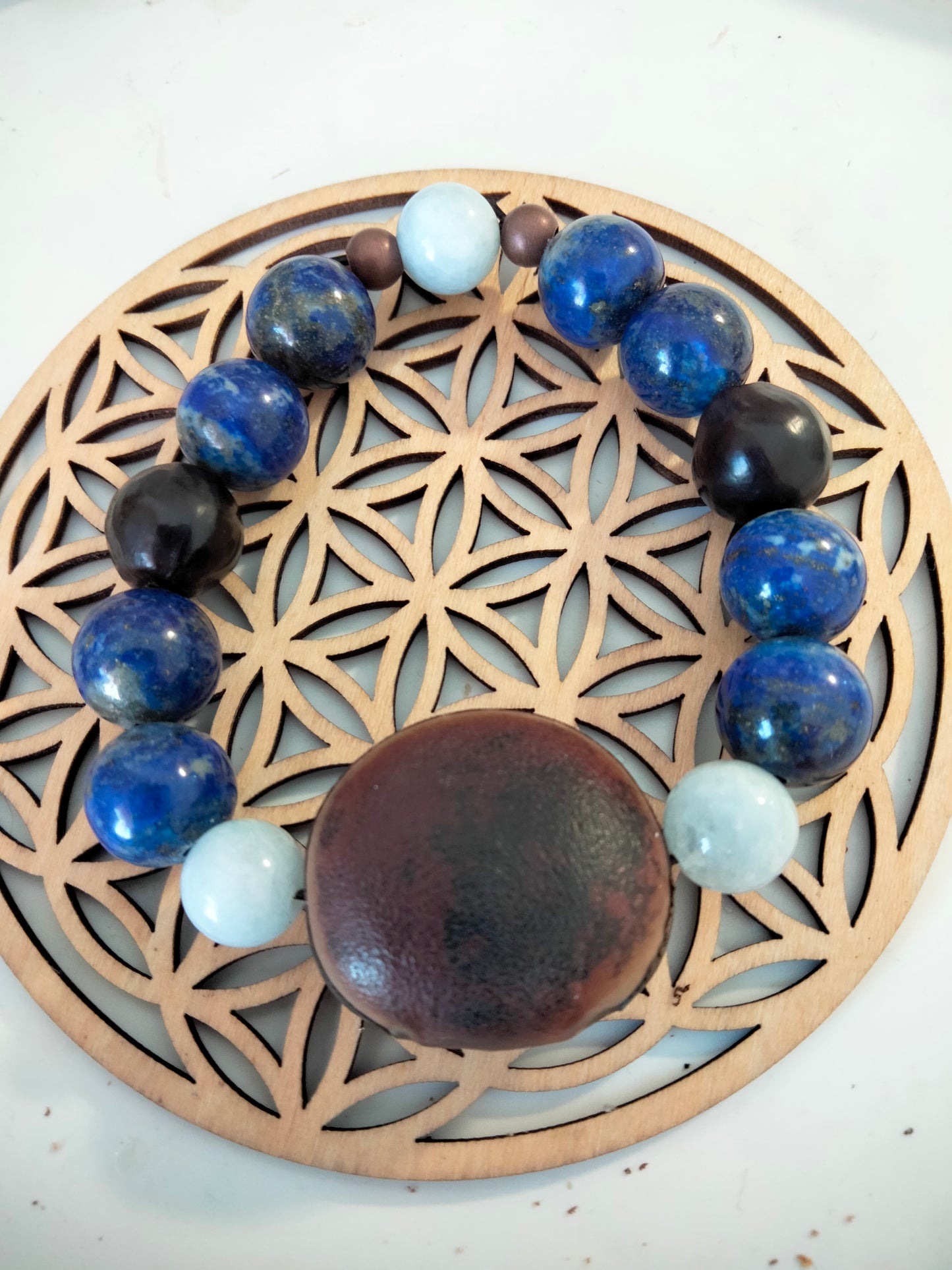 Bracelet élastique - Lapis Lazuli, Aigue marine, Graine Savonnette, Graine Oeil de Boeuf - "Assurance et Clairvoyance"