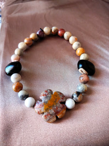 Bracelet élastique-Agate crazy lace,Magnésite, graine Pois du Bengale