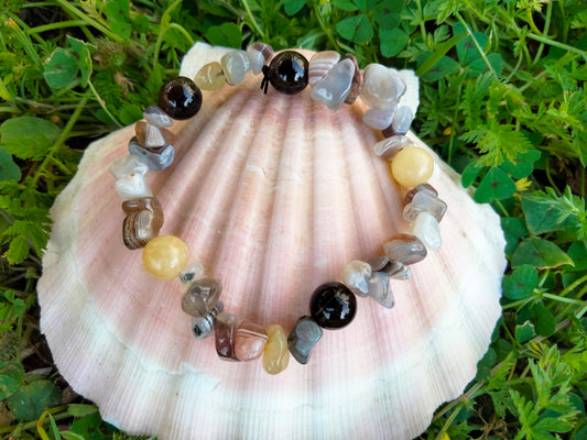 Bracelet élastique - Quartz fumé, Calcite jaune et Agate Botswana